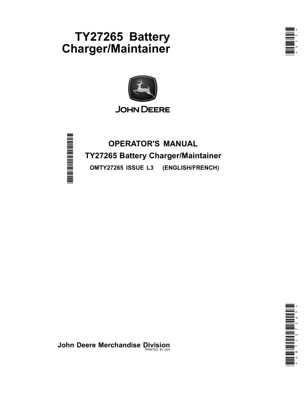 John Deere TY27265 Battery Charger/Maintainer Operator's Manual (OMTY27265)