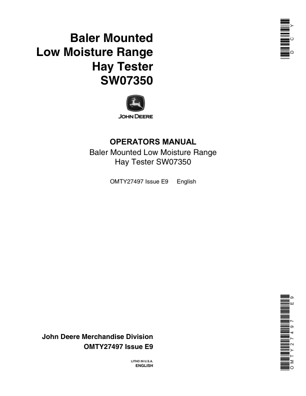 John Deere SW07350 Hay Tester Baler Mounted Low Moisture Range Operator's Manual (OMTY27497)