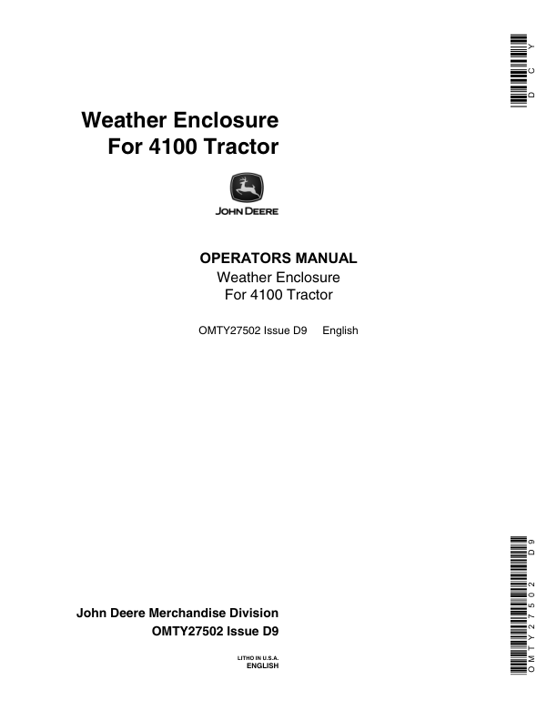 John Deere Weather Enclosures for 4100 Tractor Operator's Manual (OMTY27502)