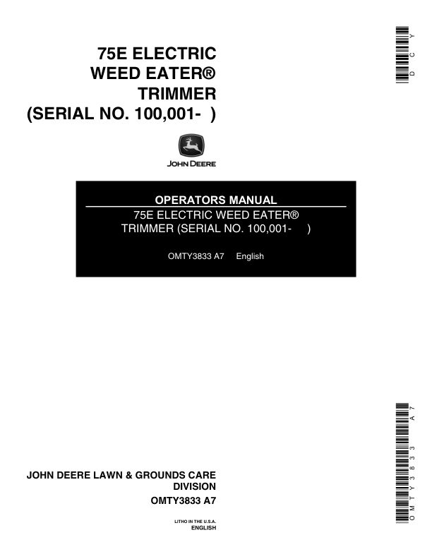 John Deere 75E Electric Weed Trimmer (Subs with OMM122063) Operator's Manual (OMTY3833)