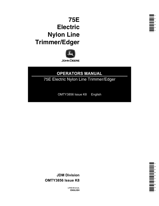 John Deere 75E Electric Weed Trimmer (Subs with OMM122063) Operator's Manual (OMTY3856)