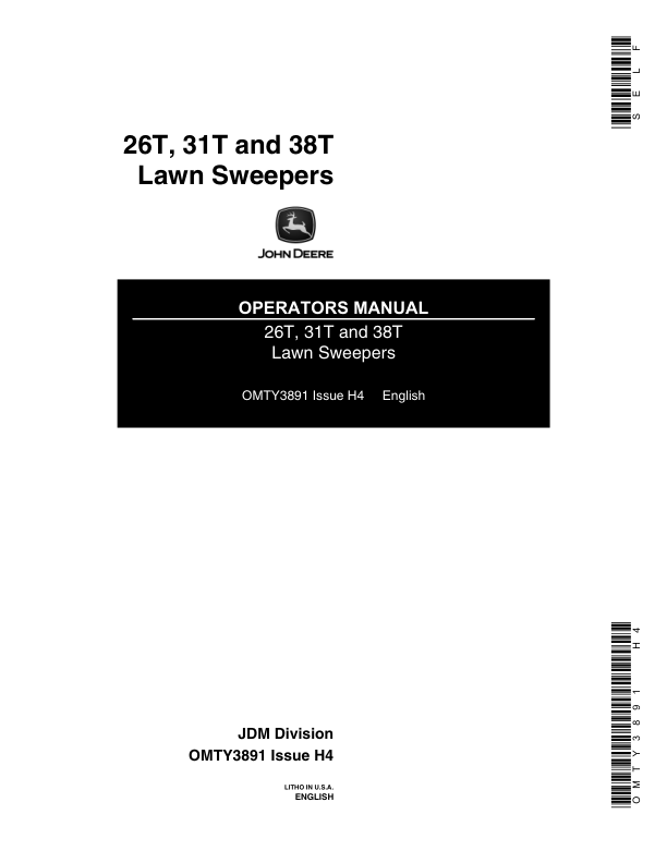 John Deere 26T, 31T, 38T Lawn Sweepers Operator's Manual (OMTY3891)