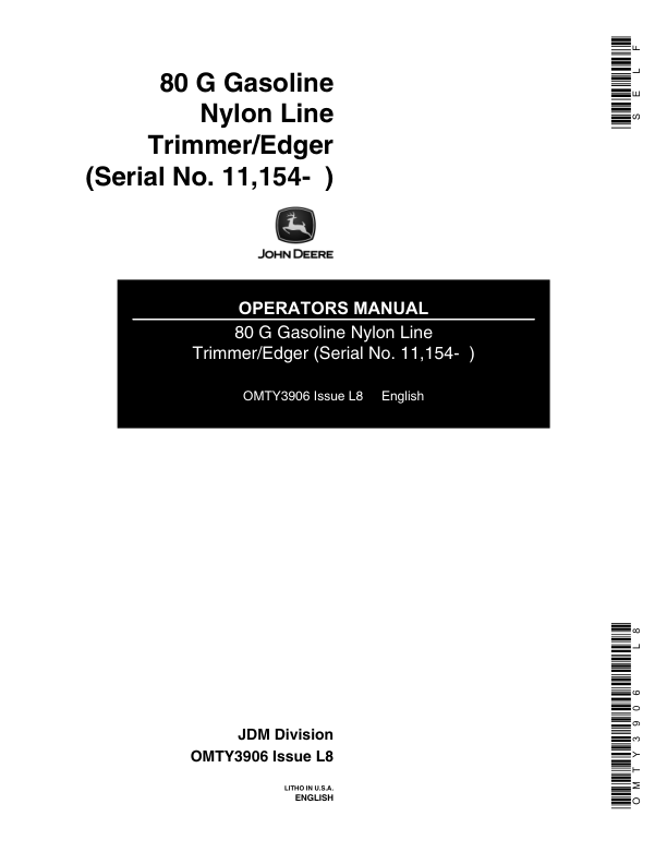 John Deere 80G Gas Trimmer/edger (Subs with OMM122063) Operator's Manual (OMTY3906)