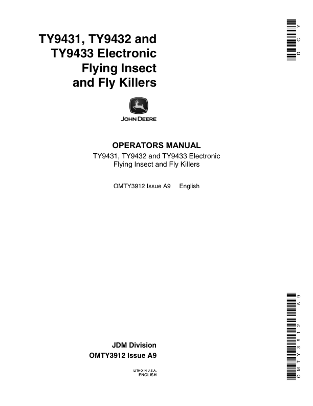 John Deere TY9431, TY9432 & TY9433 Electronic Flying Insect Killers Operator's Manual (OMTY3912)