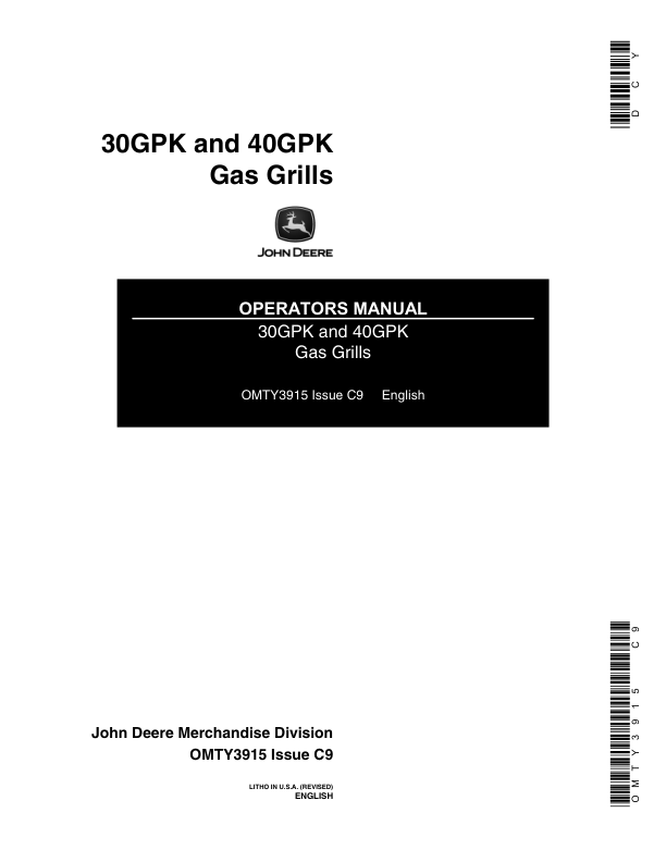John Deere 30GPK, 40GPK Gas Grills Operator's Manual (OMTY3915)