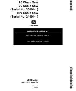 John Deere 28, 30 Chain Saw (020001-) 40V Chain Saws (024001-) (Subs with OMM95226) Operator's Manual (OMTY3929)