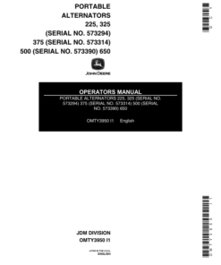 John Deere 225, 325, 375, 500, & 650 Portable Alternators Operator's Manual (OMTY3950)