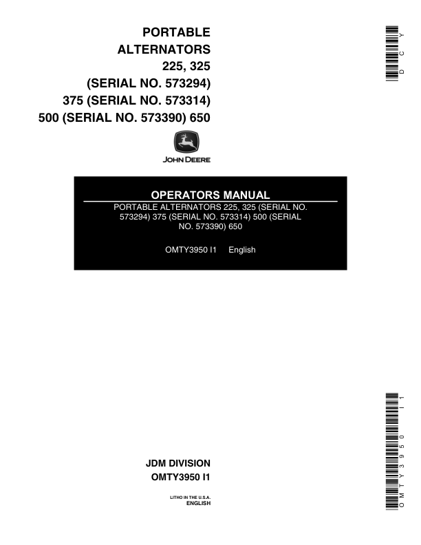 John Deere 225, 325, 375, 500, & 650 Portable Alternators Operator's Manual (OMTY3950)