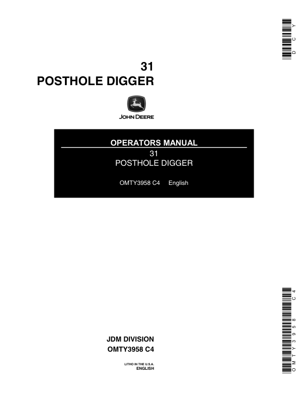 John Deere 31 Posthole Digger For Utility Tractors Operator's Manual (OMTY3958)