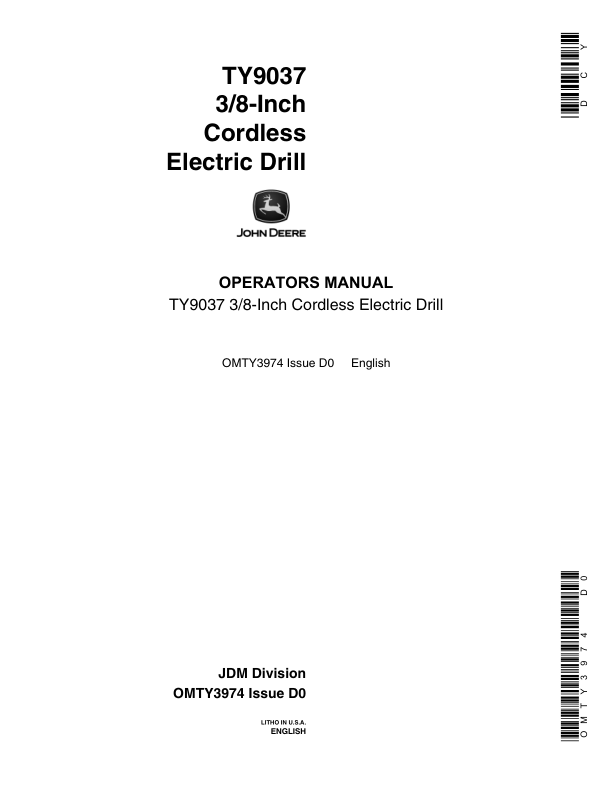John Deere Electric Drill, TY9037 Operator's Manual (OMTY3974)