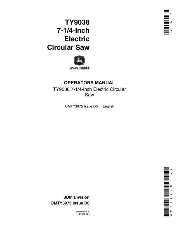 John Deere TY9038 7 1/4-Inch Electric Cirular Saw Operator's Manual (OMTY3975)