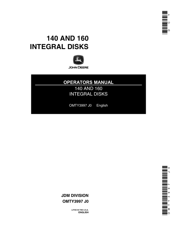 John Deere 140, 160 Integral Disks Operator's Manual (OMTY3997)