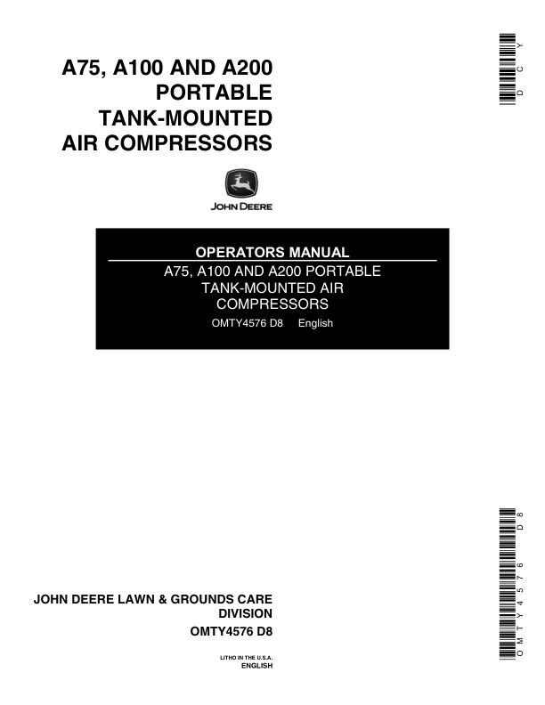 John Deere A75, A100, A200 Portable Air Compressors Operator's Manual (OMTY4576)