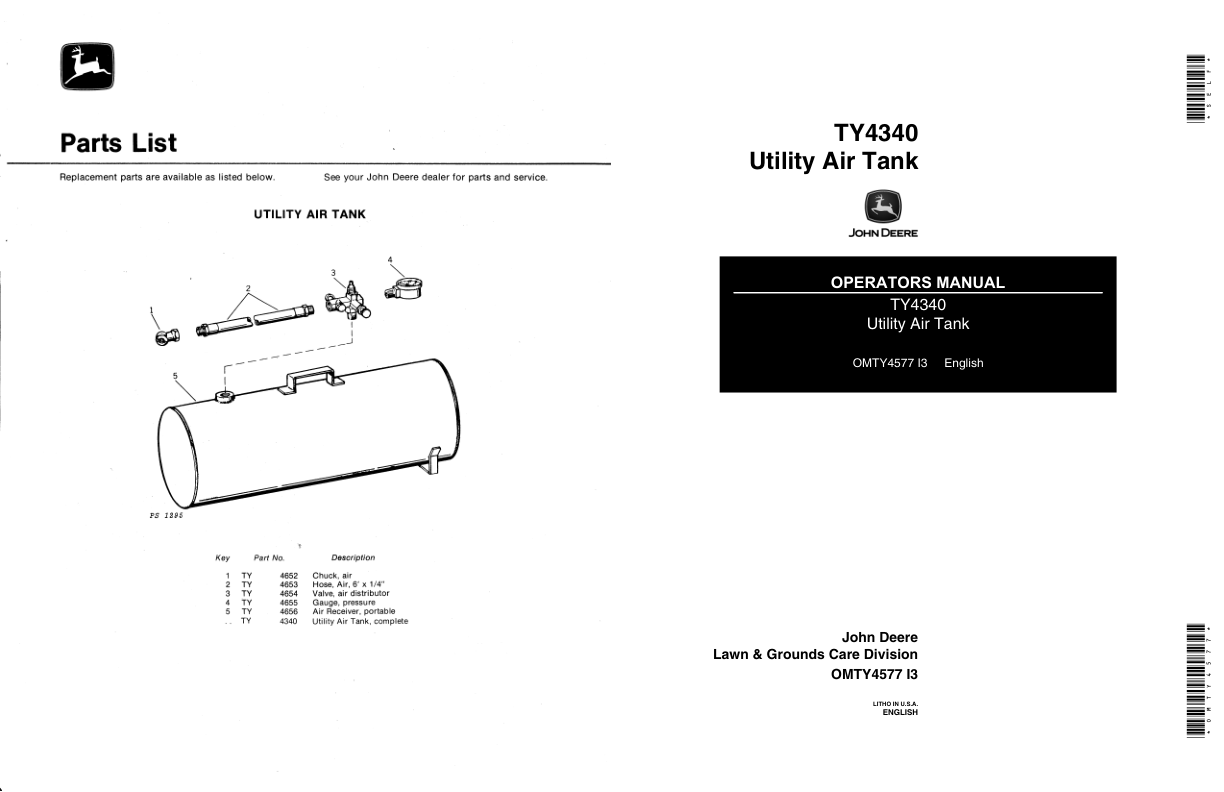John Deere TY4340 Utility Air Tank Operator's Manual (OMTY4577)