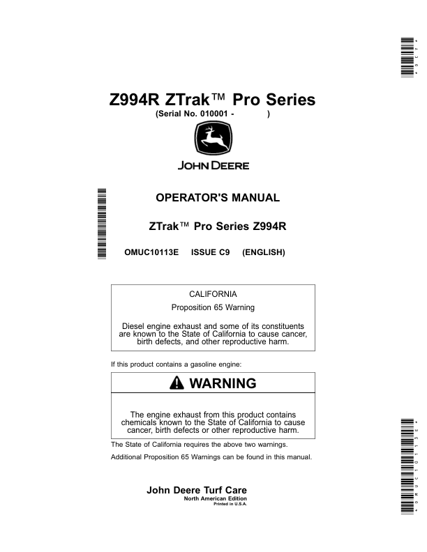 John Deere Z994R ZTrak Pro Series Mowers (010001-) Operator's Manual (OMUC10113E)