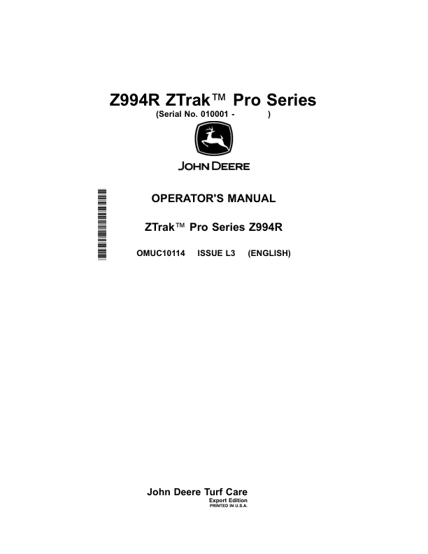 John Deere Z994R ZTrak Pro Series Mowers (010001-) Operator's Manual (OMUC10114)