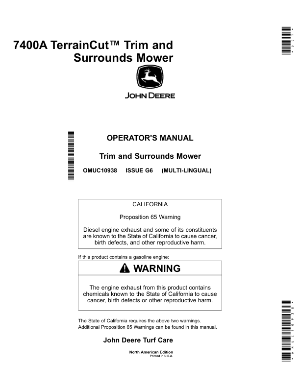 John Deere 7400A TerrainCut Trim, Surrounds Mower (North American) Operator's Manual (OMUC10938)