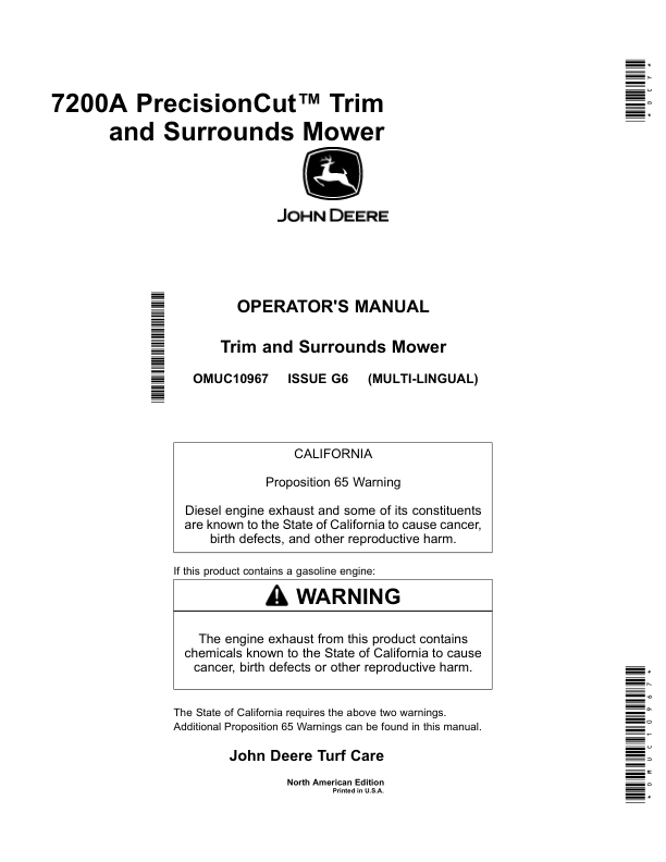 John Deere 7200A PrecisionCut Trim, Surrounds Mower (040001-050000) Operator's Manual (OMUC10967)