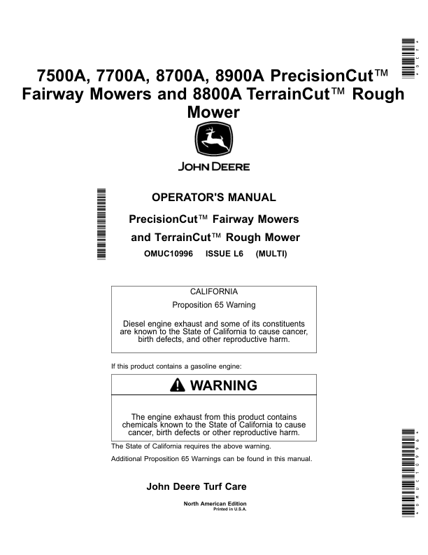 John Deere 7500A, 7700A, 8700A, 8900A PrecisionCut Fairway Mowers, 8800A TerrainCut Rough Mower (North American) Operator's Manual (OMUC10996)