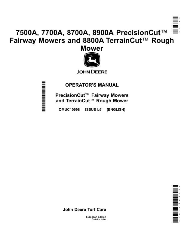 John Deere 7500A, 7700A, 8700A & 8900A PrecisionCut Fairway Mowers, 8800A TerrainCut Rough Mower Operator's Manual (OMUC10998)
