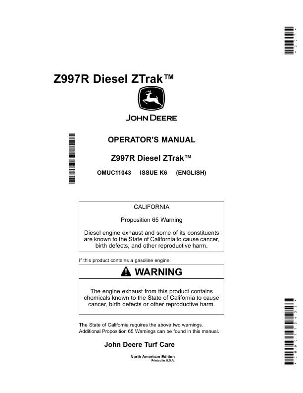 John Deere Z997R Diesel Ztrak (North America) (030001-) Operator's Manual (OMUC11043E)