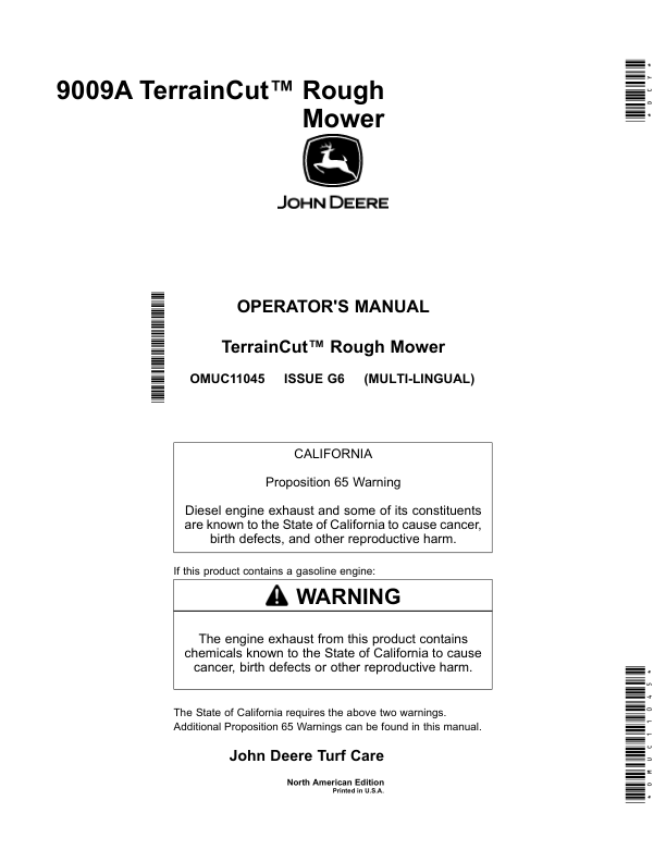 John Deere 9009A TerrainCut Rough Mower (020001-) (North America Edition) Operator's Manual (OMUC11045)