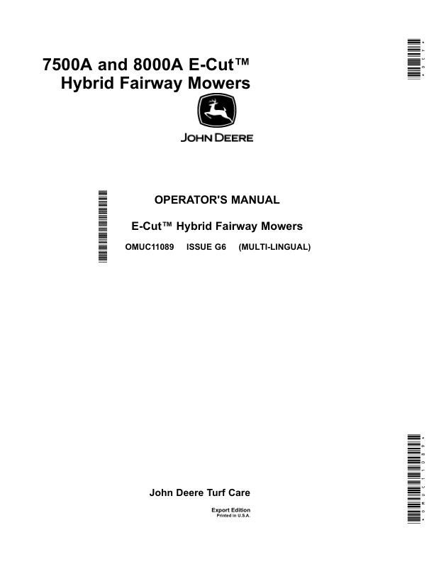 John Deere 7500A, 8000A E-Cut Hybrid Fairway Mowers (Export Edition) Operator's Manual (OMUC11089)