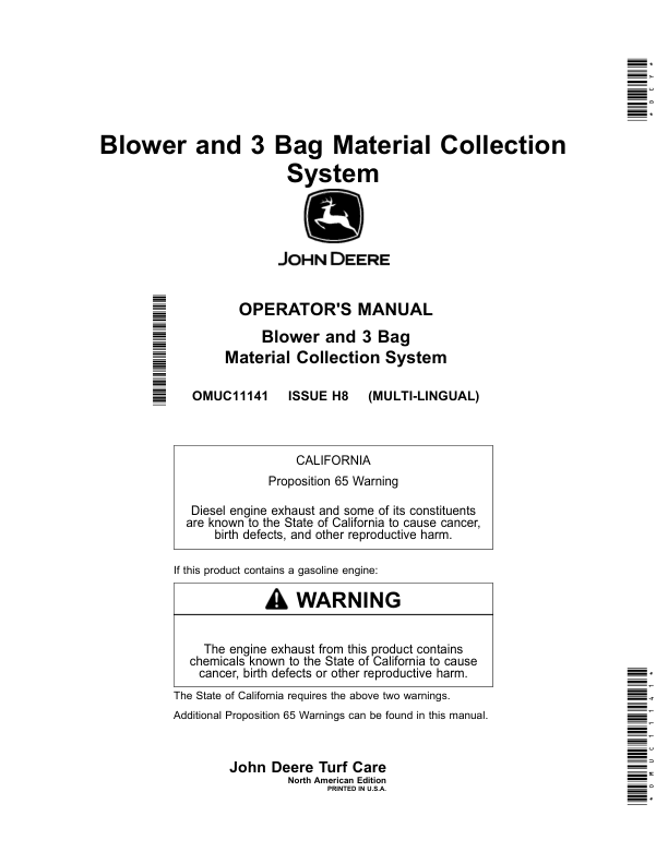 John Deere Blower & 3 Bag Material Collection System Operator's Manual (OMUC11141)