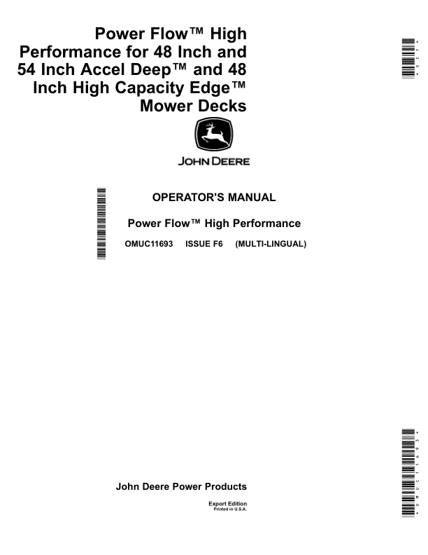 John Deere Power Flow High Performance for 48 & 54 Inch Accel Deep, 48 Inch High Capacity Edge Mower Decks (Export Edition) Operator's Manual (OMUC11693)