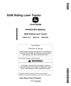 John Deere S240 Riding Lawn Tractor (800001-825000) Operator's Manual (OMUC11776)