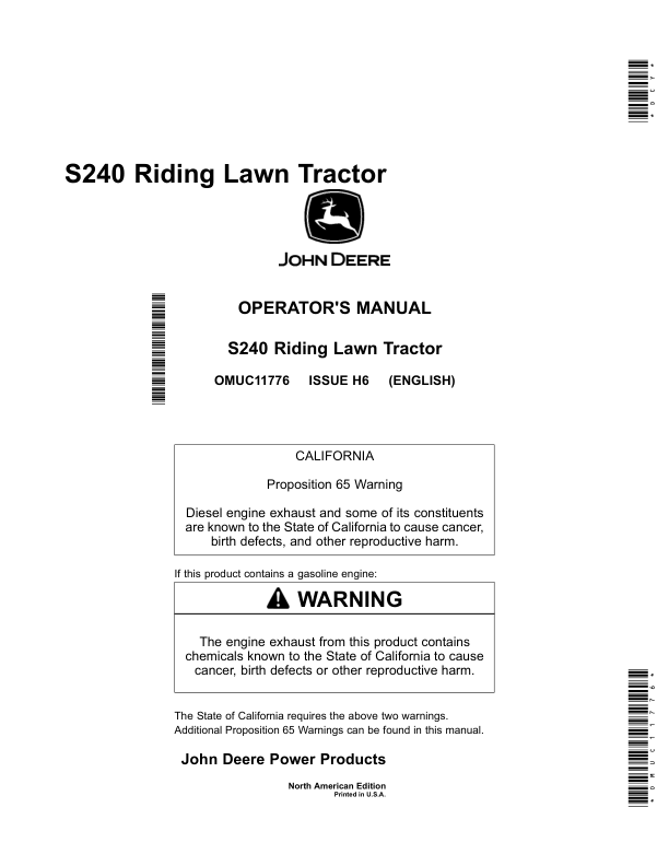 John Deere S240 Riding Lawn Tractor (800001-825000) Operator's Manual (OMUC11776)