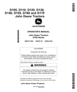 John Deere D105, D110, D125, D130, D140, D155, D160 & D170 Tractors (North American) Operator's Manual (OMUC11804)