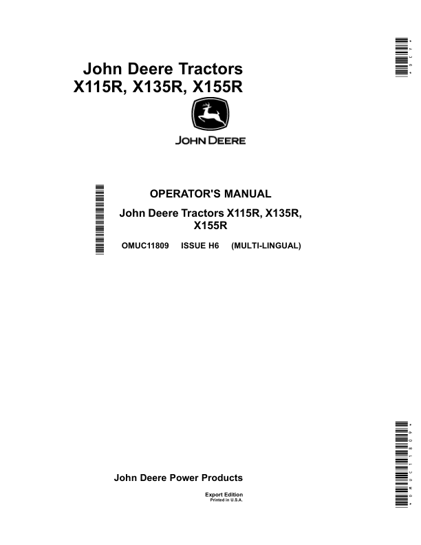 John Deere Tractors X115R, X135R, X155R (Export Edition) (SN 800001-) Operator's Manual (OMUC11809)