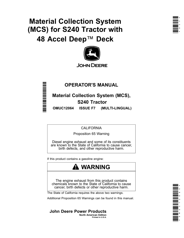 John Deere Material Collection System (MCS) for S240 Tractor with 48 Accel Deep Deck (North American) Operator's Manual (OMUC12064)