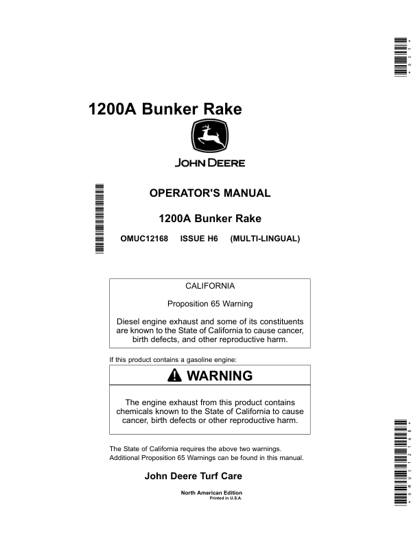 John Deere 1200A Bunker Rake (North American) Operator's Manual (OMUC12168)