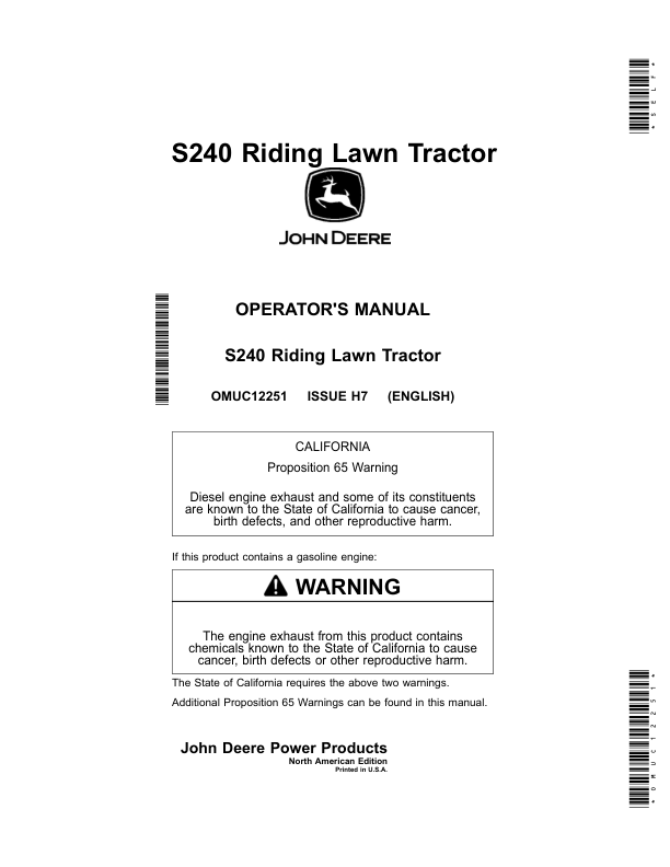 John Deere S240 Riding Lawn Tractor (825001-850000) Operator's Manual (OMUC12251)