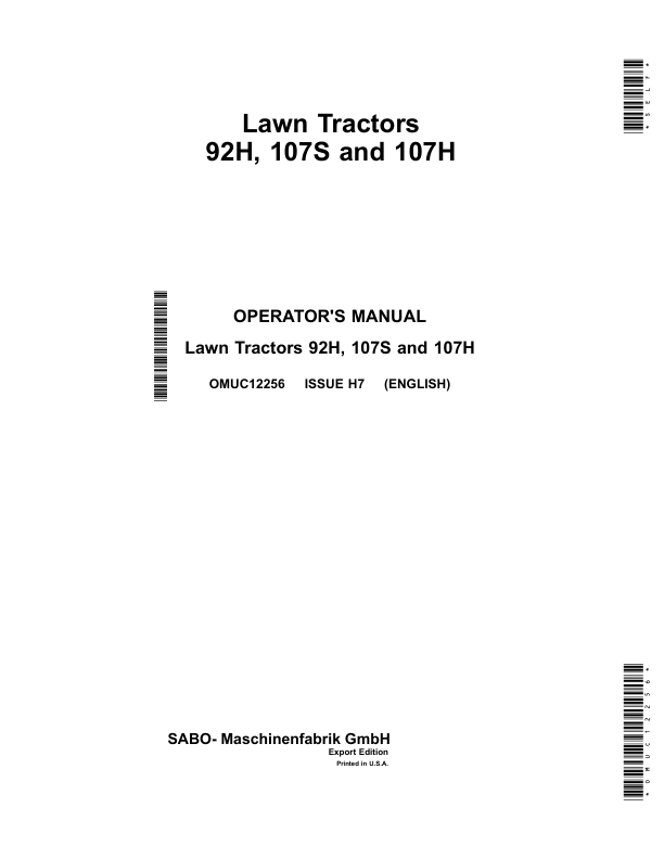 John Deere 92H, 107H & 107S Lawn Tractors Operator's Manual (OMUC12256)