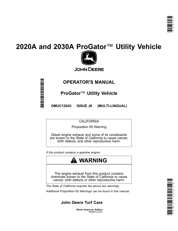 John Deere 2020A, 2030A ProGator Utility Vehicle (North American) Operator's Manual (OMUC12643)