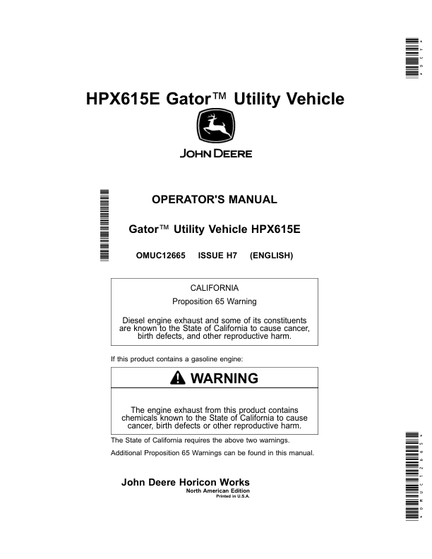 John Deere HPX615E Gator Utility Vehicle Operator's Manual (OMUC12665)