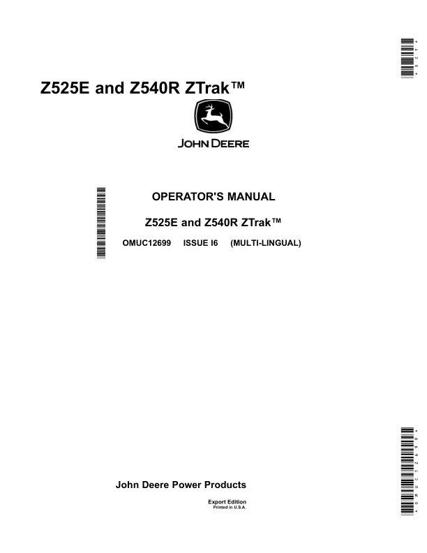 John Deere Z525E, Z540R ZTrak (Export Edition)SN 050001- Operator's Manual (OMUC12699)