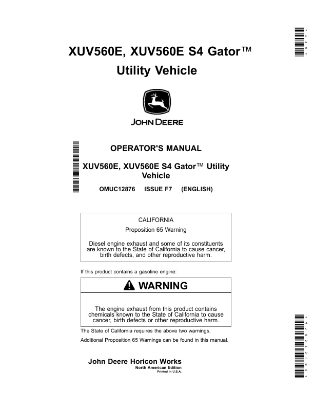 John Deere XUV560E & XUV560E S4 Gator Utility Vehicles Operator's Manual (OMUC12876)