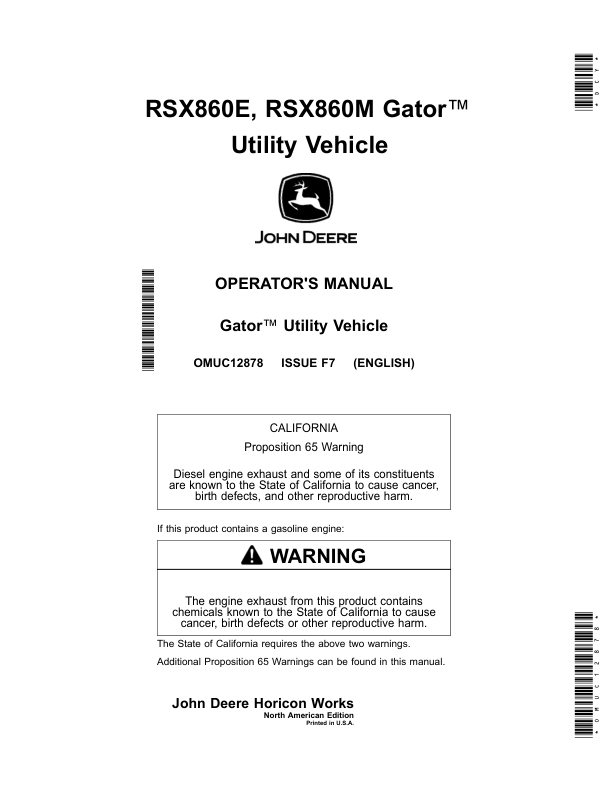 John Deere RSX860E & RSX860M Gator Utility Vehicle Operator's Manual (OMUC12878)