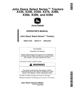 John Deere X330, X350, X354, X370, X380, X384, X390,X394 Select Series Tractors (050001-070000) (North American) Operator's Manual (OMUC13305)