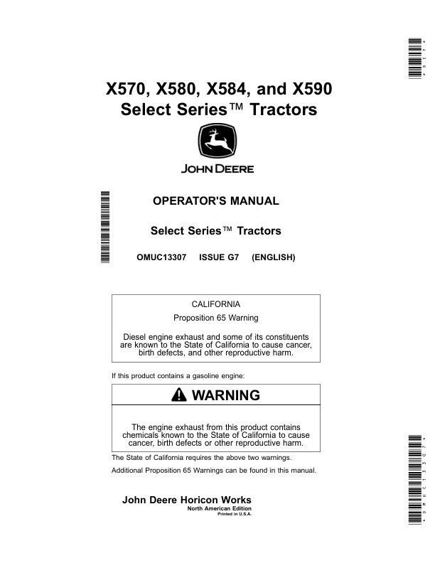 John Deere X570, X580, X584 & X590 Select Series Tractors Operator's Manual (OMUC13307)