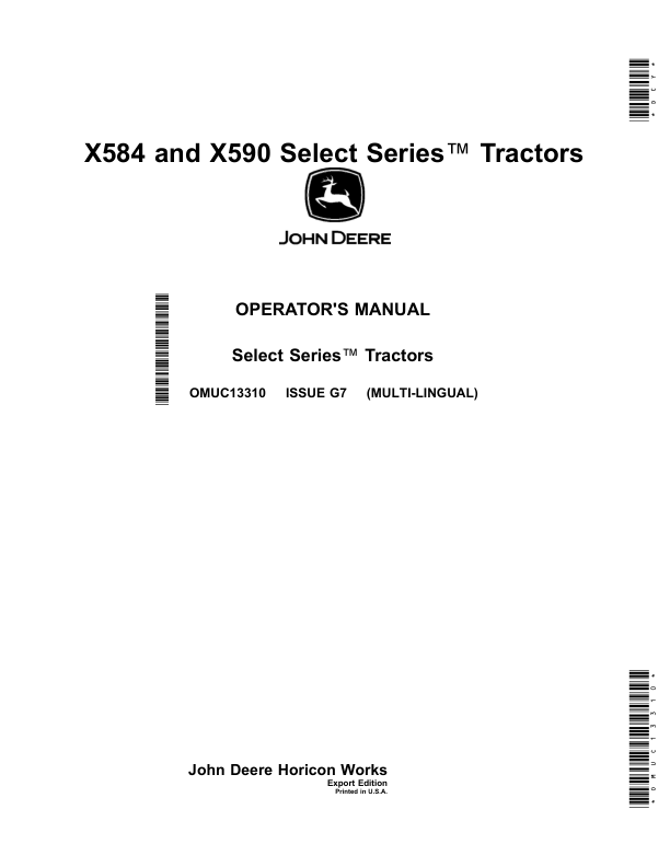 John Deere X584, X590 Select Series Tractors (Export Edition)(s.n. 130001-) Operator's Manual (OMUC13310)