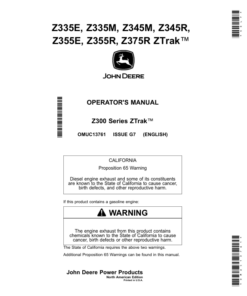 John Deere Z335E, Z335M, Z345M, Z345R, Z355E, Z355R & Z375R Ztrak Mowers Operator's Manual (OMUC13761)