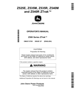 John Deere Z525E, Z535M, Z535R, Z540M & Z540R ZTrak Mowers Operator's Manual (OMUC13765)