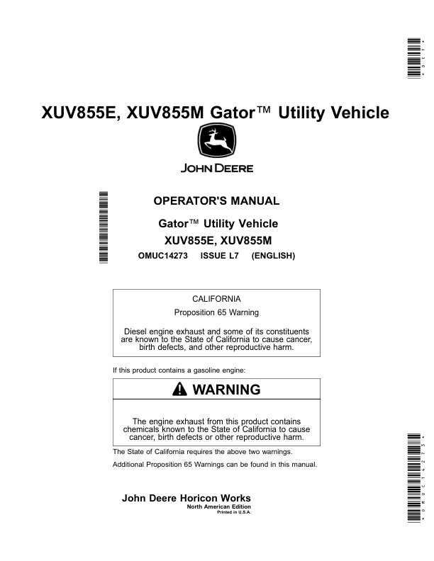 John Deere XUV855E, XUV855M Gator Utility Vehicle Operator's Manual (OMUC14273)