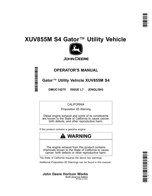 John Deere XUV855M S4 Gator Utility Vehicle Operator's Manual (OMUC14275)