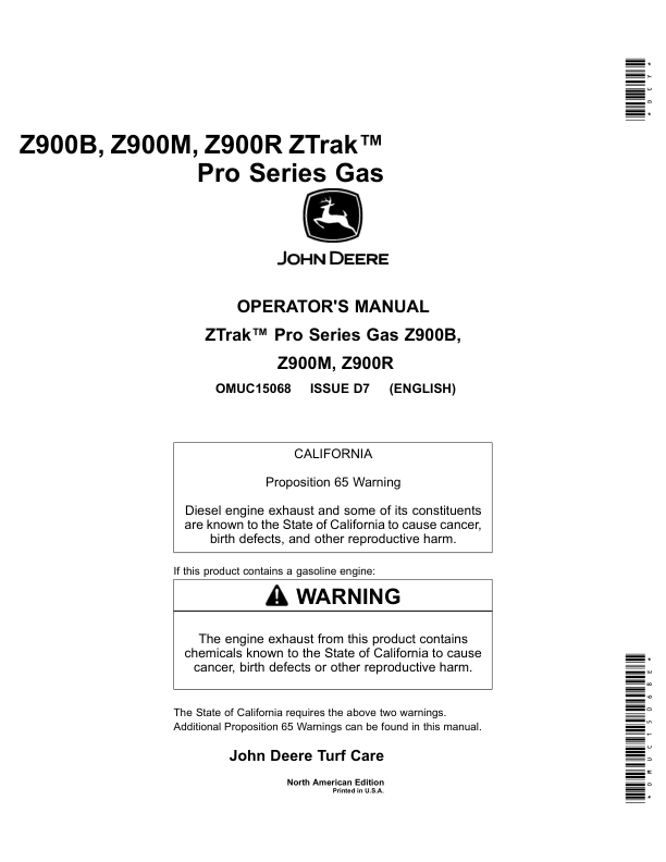 John Deere Z900B, Z900M, Z900R ZTrak Pro Series Gas (North America) (040001-) Operator's Manual (OMUC15068E)